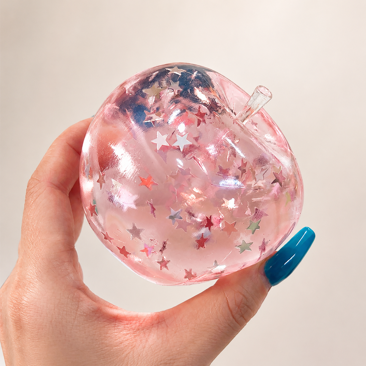 Chiboki Squishy, Chiboki Apple Squishy, Pink Star Glitter Apple Squeeze - Petroleum Jelly Filled Soft Moldable Non-Rebound Stress Relief, Shiny Desk Ornament & Adult Gift