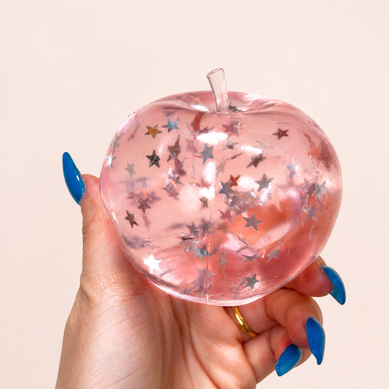 Chiboki Squishy, Chiboki Apple Squishy, Pink Star Glitter Apple Squeeze - Petroleum Jelly Filled Soft Moldable Non-Rebound Stress Relief, Shiny Desk Ornament & Adult Gift