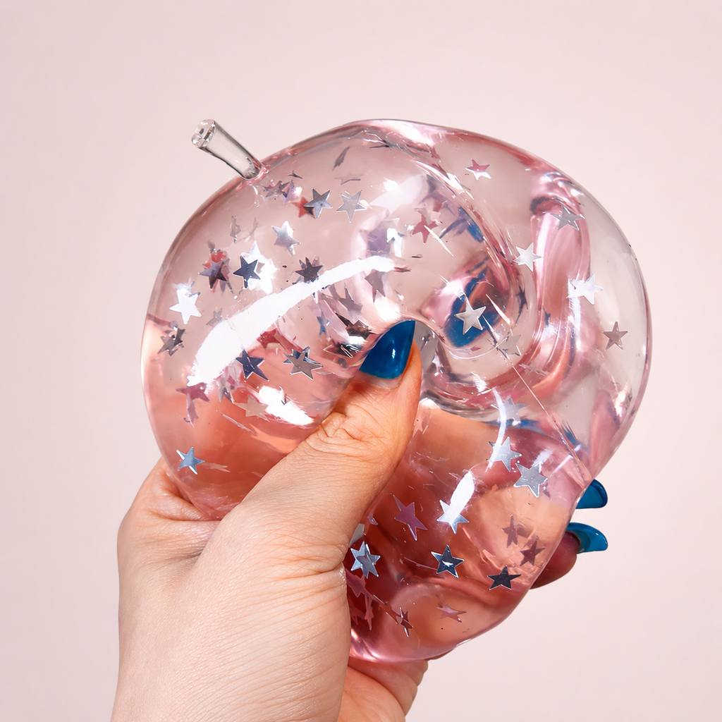 Chiboki Squishy, Chiboki Apple Squishy, Pink Star Glitter Apple Squeeze - Petroleum Jelly Filled Soft Moldable Non-Rebound Stress Relief, Shiny Desk Ornament & Adult Gift