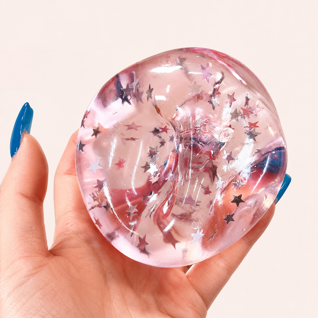 Chiboki Squishy, Chiboki Apple Squishy, Pink Star Glitter Apple Squeeze - Petroleum Jelly Filled Soft Moldable Non-Rebound Stress Relief, Shiny Desk Ornament & Adult Gift