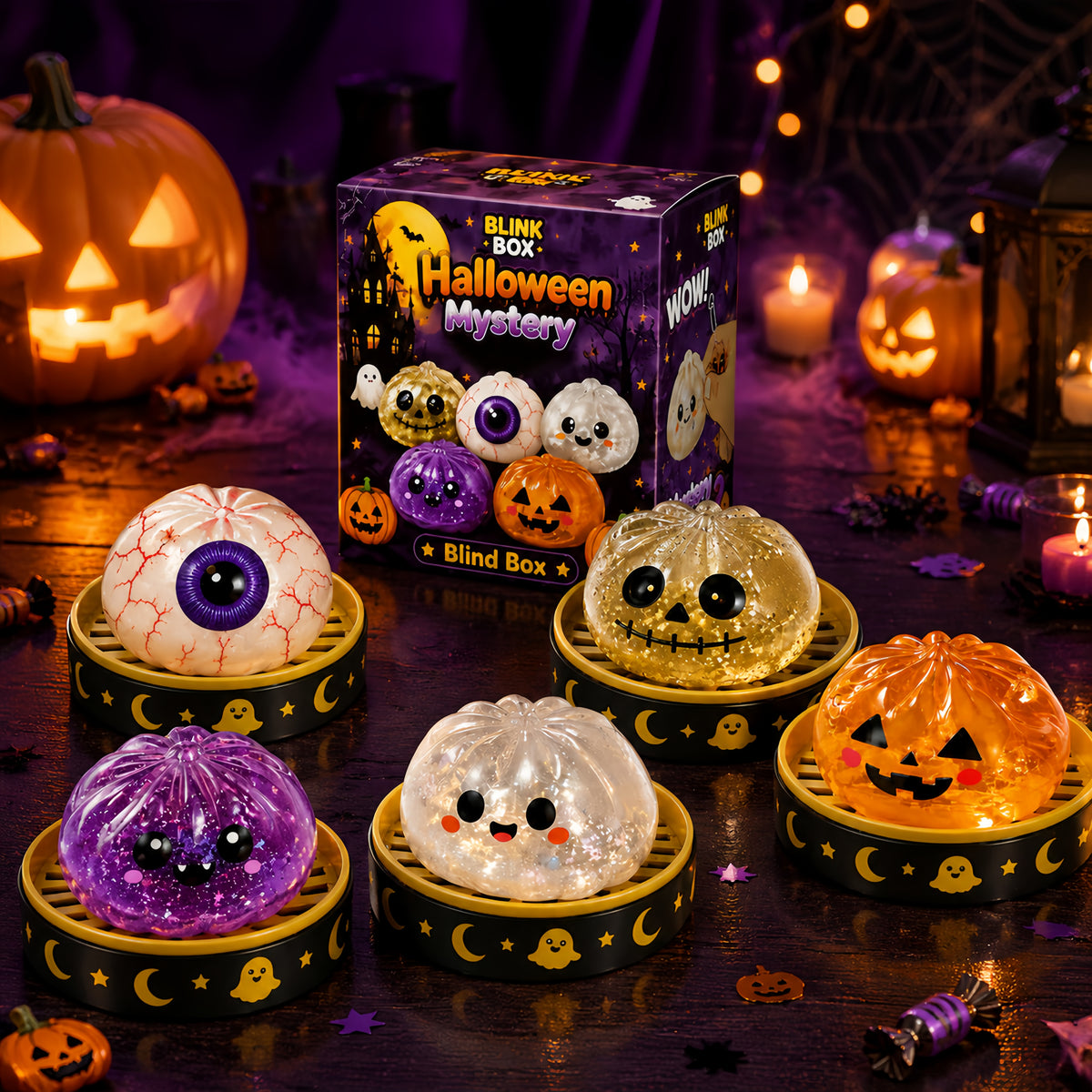Halloween Themed Dumpling Mystery Box, Soft Resilient Glitter‑Gel Filled Sensory Desk Decor, Random 6‑Style Assortment, Holiday Stress Relief Ornament, Ideal Halloween Gift