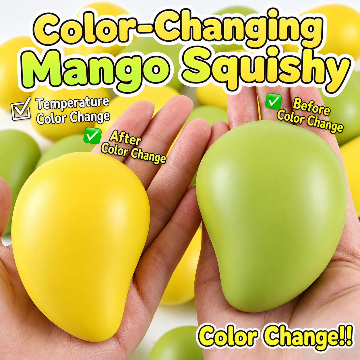 Farbwechselnder knuspriger Mango-Squishy, gefüllt mit Slime-Ton und winzigen Blöcken, mit Knuspergeräusch, Schreibtischschmuck fürs Büro, sensorisches Handgeschenk zur Entspannung für Erwachsene